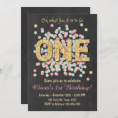 最初の誕生日の招待ガールピンク金ゴールドミント 招待状 (正面/裏面)