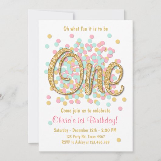 最初の誕生日の招待ガールピンク金ゴールドミント 招待状 (正面)