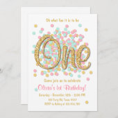 最初の誕生日の招待ガールピンク金ゴールドミント 招待状 (正面/裏面)