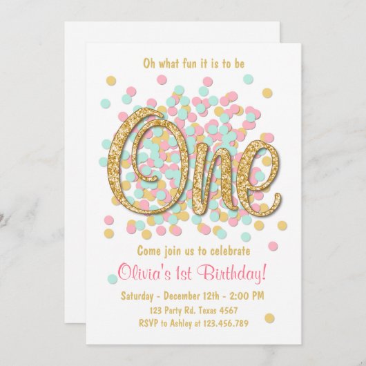 最初の誕生日の招待ガールピンク金ゴールドミント 招待状 (正面/裏面)