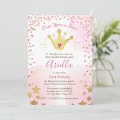 最初の誕生日の招待プリンセス金ゴールドピンククラウン 招待状 (スタンド正面)