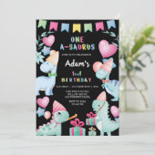 最初の誕生日の水の色の恐竜パーティーブラック 招待状 (スタンド正面)