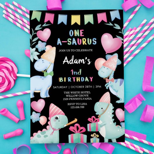 最初の誕生日の水の色の恐竜パーティーブラック 招待状