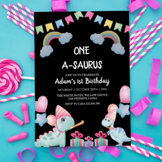 最初の誕生日の水彩恐竜パーティー 招待状