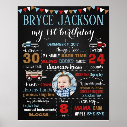 最初の誕生日の黒板サイン男の子 ポスター (正面)