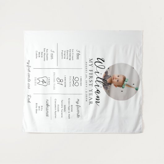 最初の誕生日カスタムフォトマイルストーンのタイムライン タペストリー (正面(横))