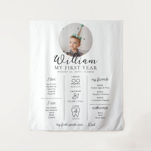 最初の誕生日カスタムフォトマイルストーンのタイムライン タペストリー (正面)