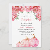 最初の誕生日カボチャとピンクのフローラパーティー 招待状 (正面)