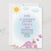 最初の誕生日クイーン恐竜の水色 招待状 (正面)