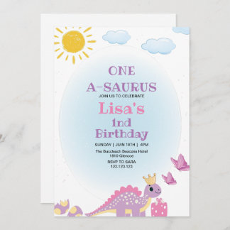 最初の誕生日クイーン恐竜の水色 招待状