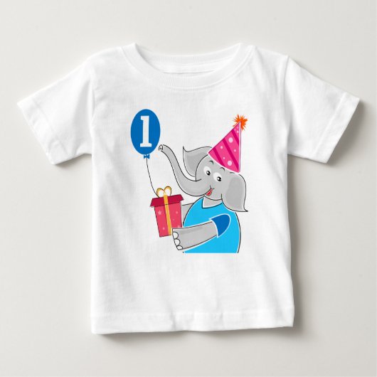 最初の誕生日ゾウ（気球あり） ベビーTシャツ (正面)