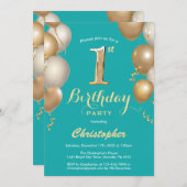 最初の誕生日ティール（緑がかった色）と金ゴールドバルーン紙吹雪 招待状 (正面/裏面)