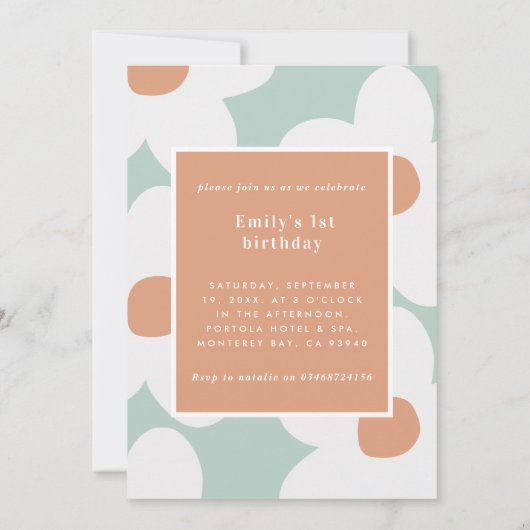 最初の誕生日デイジーボホフォトターコイズオレンジ 招待状 (裏面)