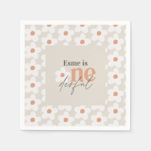 最初の誕生日デイジーボホレトロテラコッタナチュラル スタンダードカクテルナプキン (正面)