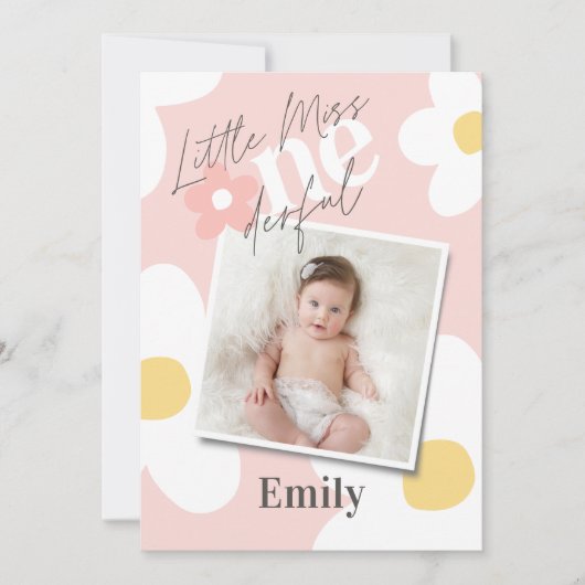 最初の誕生日デイジーボホレトロ写真ピンクイエロー 招待状 (正面)