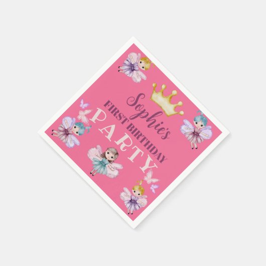 最初の誕生日パーティピンク&金ゴールドバルーンのナプキン スタンダードカクテルナプキン (角)