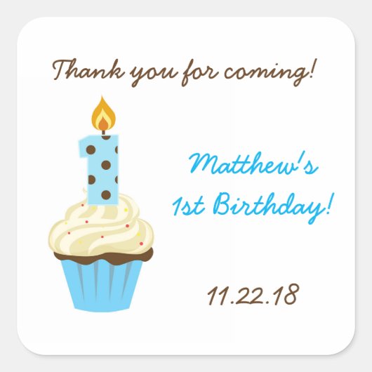最初の誕生日パーティーのお気に入りシール/ブルーカップケーキ スクエアシール (正面)