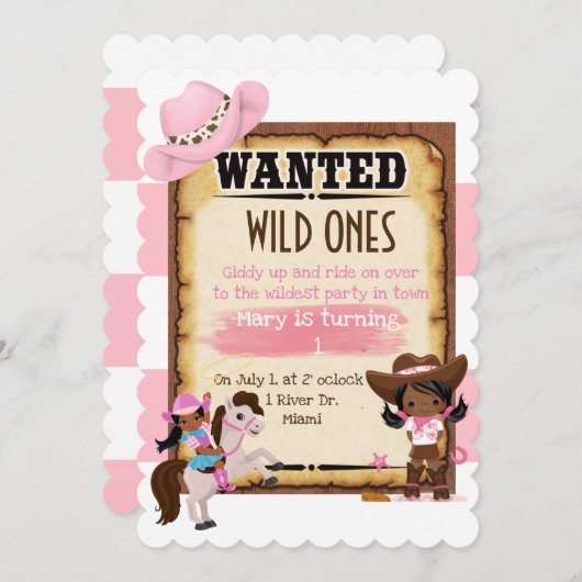 最初の誕生日パーティーの招待ワイルドウエスト女性のカーボーイ 招待状 (正面/裏面)