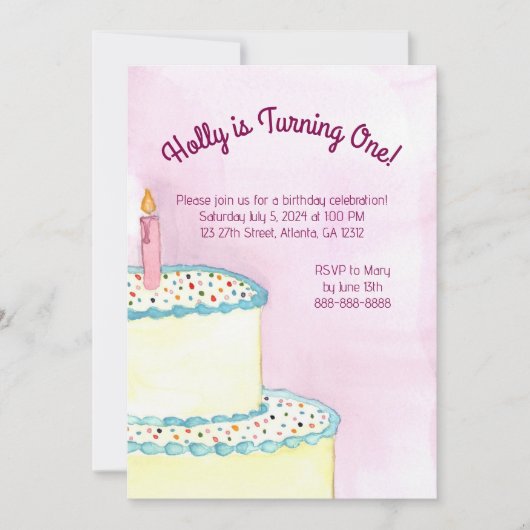 最初の誕生日パーティーの招待状 – Cake & Sprinkles 招待状 (正面)