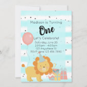 最初の誕生日パーティーの招待 – ティール（緑がかった色）ライオン 招待状 (正面)