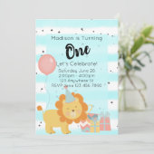 最初の誕生日パーティーの招待 – ティール(緑がかった色)ライオン 招待状 (スタンド正面)