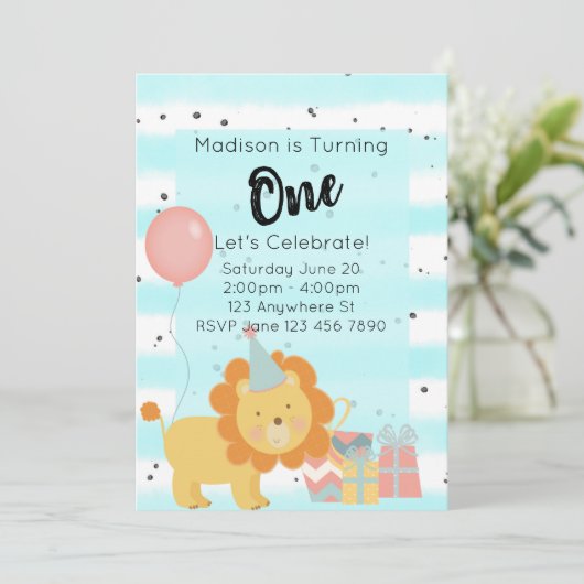 最初の誕生日パーティーの招待 – ティール(緑がかった色)ライオン 招待状 (スタンド正面)