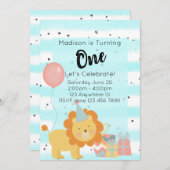 最初の誕生日パーティーの招待 – ティール(緑がかった色)ライオン 招待状 (正面/裏面)