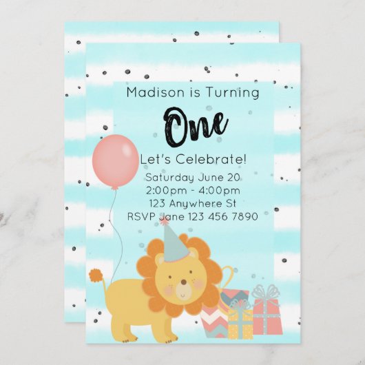 最初の誕生日パーティーの招待 – ティール（緑がかった色）ライオン 招待状 (正面/裏面)