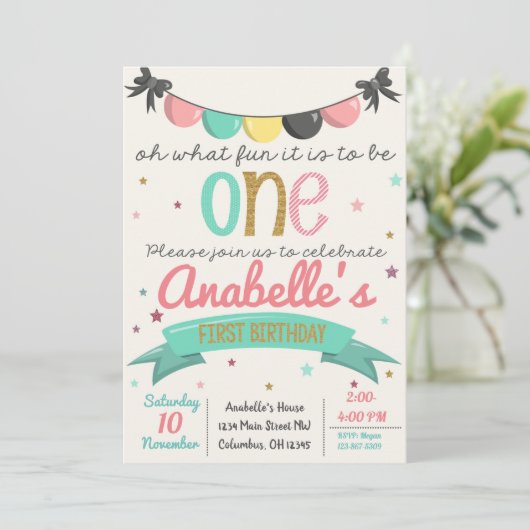 最初の誕生日パーティー招待状小さな女の子 招待状 (スタンド正面)