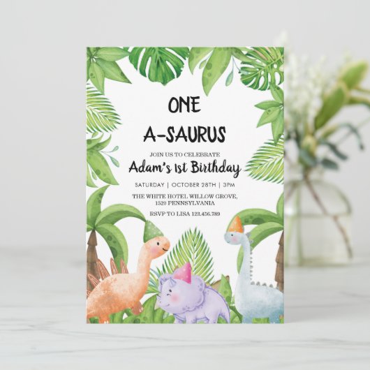 最初の誕生日パーティー水彩恐竜 招待状 (スタンド正面)