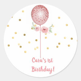 最初の誕生日ピンクと金ゴールドバルーンシール ラウンドシール