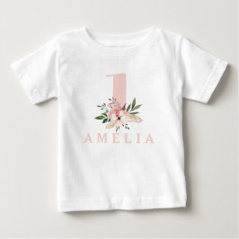 最初の誕生日ピンクのフローラガーリー誕生日 ベビーTシャツ