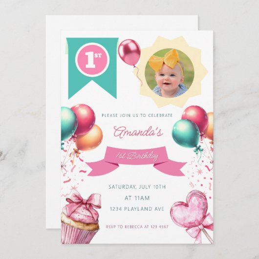 最初の誕生日フォト招待状 招待状 (正面/裏面)