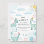 最初の誕生日ブルーウォーター色の恐竜パーティー 招待状 (正面)