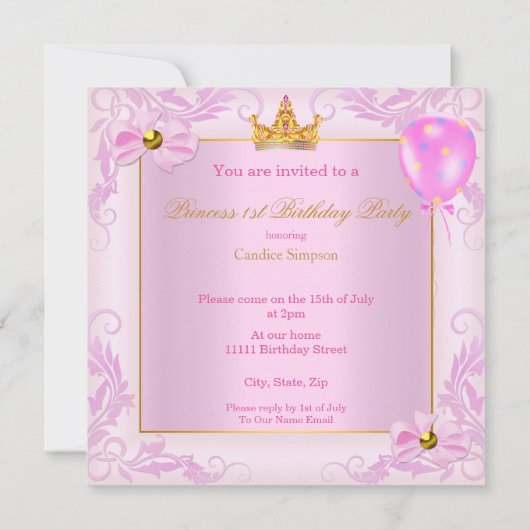 最初の誕生日プリンセスティアラガールピンクエスニック 招待状 (裏面)