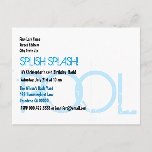 最初の誕生日プールパーティーの保存日付1年Z01 案内ポストカード (裏面)