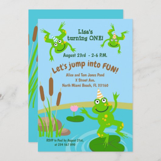 最初の誕生日ベビーカエルの家族のパーティー 招待状 (正面/裏面)