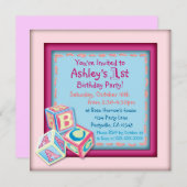最初の誕生日ベビーガールズパーティの招待状 招待状 (正面/裏面)