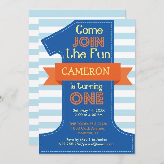 最初の誕生日ボーイブルーバースデーパーティーの招待 招待状 (正面/裏面)