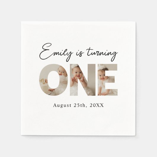 最初の誕生日ミニマル写真1番目の誕生日パーティー スタンダードカクテルナプキン (正面)