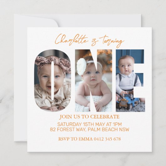 最初の誕生日ミニマル写真1番目の誕生日パーティー 招待状 (正面)