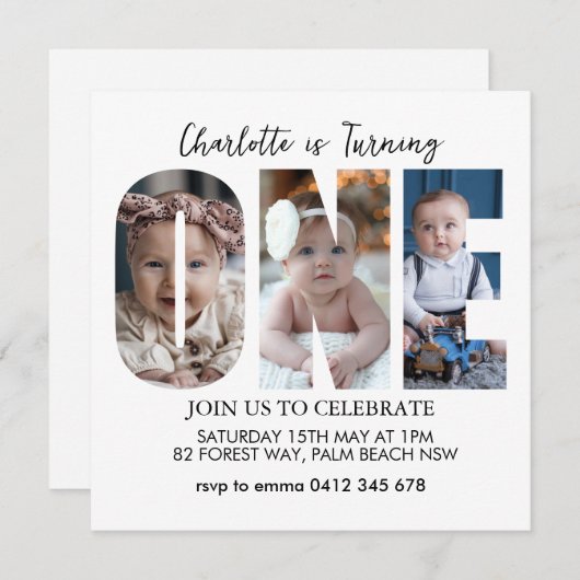 最初の誕生日ミニマル写真1番目の誕生日パーティー 招待状 (正面/裏面)