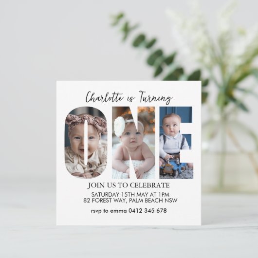 最初の誕生日ミニマル写真1番目の誕生日パーティー 招待状 (スタンド正面)