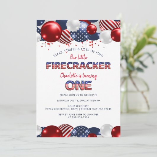 最初の誕生日リトルファイクラッカーバルーンパーティー 招待状 (スタンド正面)