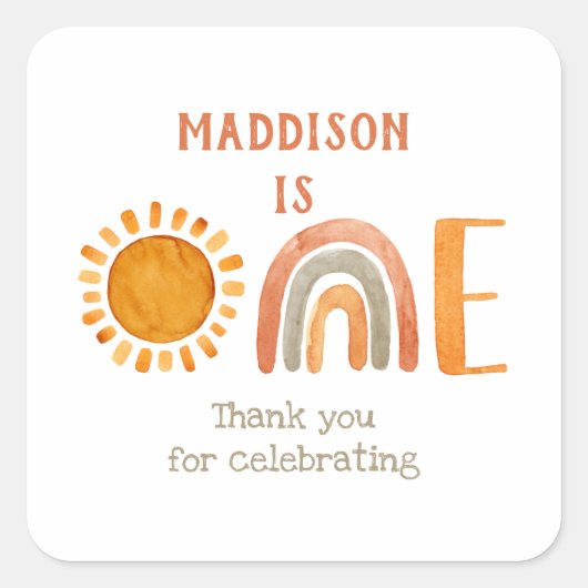 最初の誕生日水彩望峰の虹と太陽 スクエアシール (正面)