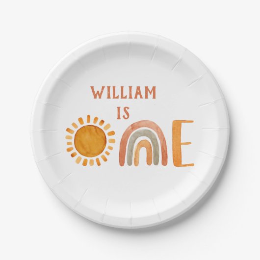 最初の誕生日水彩望峰の虹と太陽 ペーパープレート (正面)