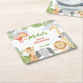 最初の誕生日紙かわいい動物とコースター。 スクエアペーパーコースター (アングル)