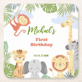 最初の誕生日紙かわいい動物とコースター。 スクエアペーパーコースター