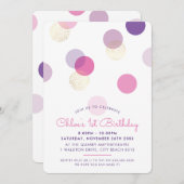 最初の誕生日紙吹雪はピンクの紫の金ゴールド 招待状 (正面/裏面)