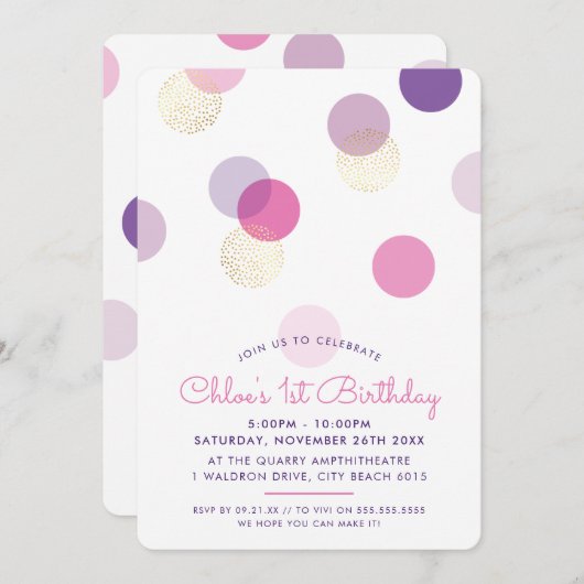 最初の誕生日紙吹雪はピンクの紫の金ゴールド 招待状 (正面/裏面)